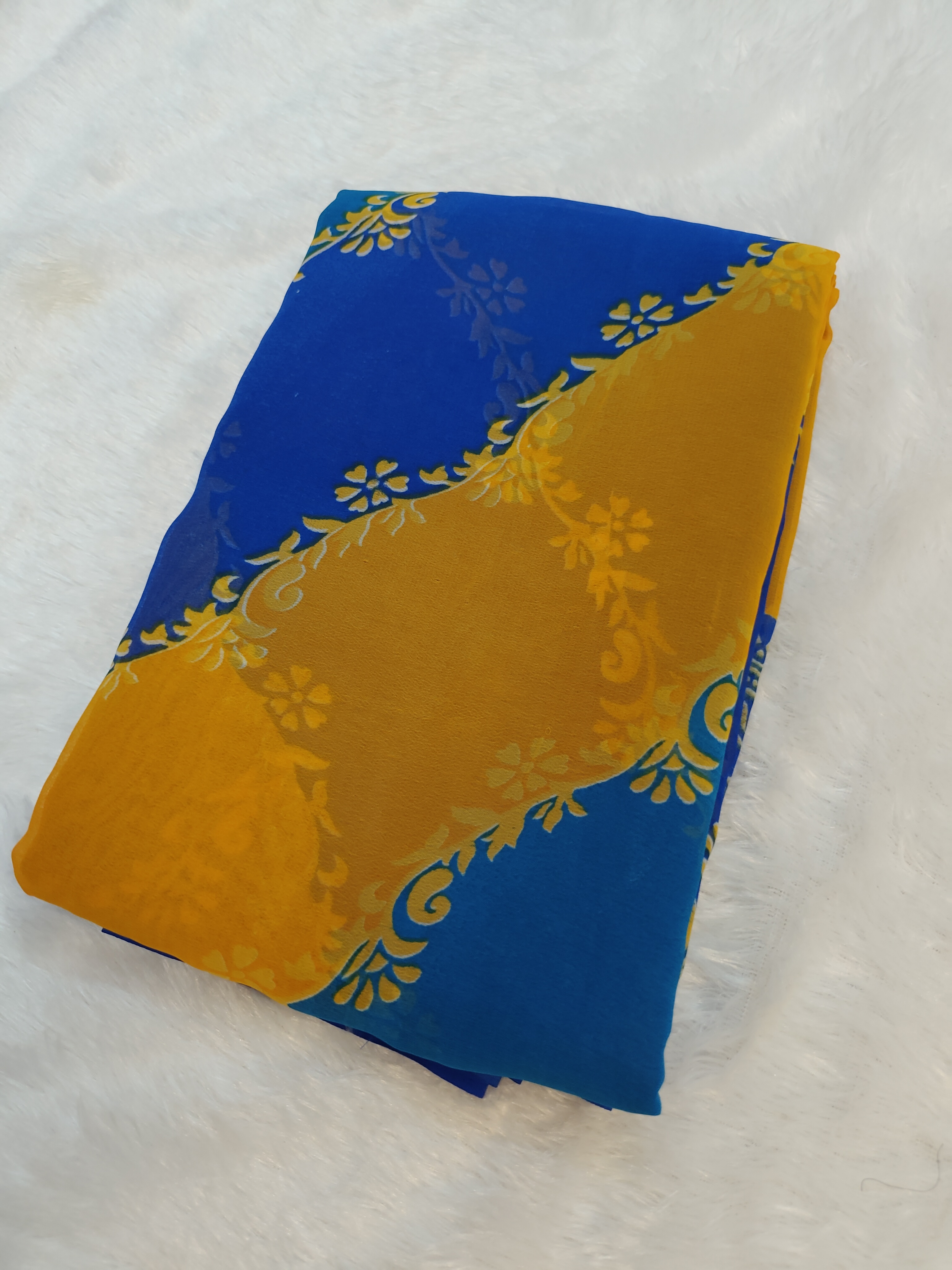 💙💛 Royal Blue & Mustard Yellow Printed Georgette Saree | Everyday Elegance