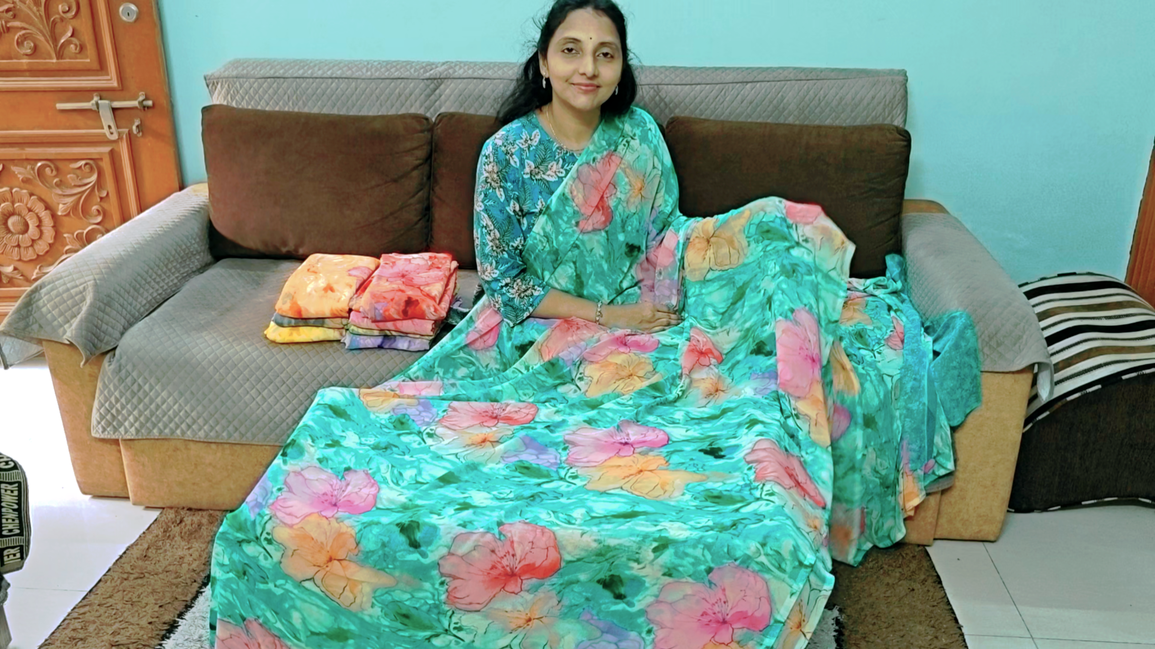 Aqua Bloom Junnu Mukka Pastel Saree