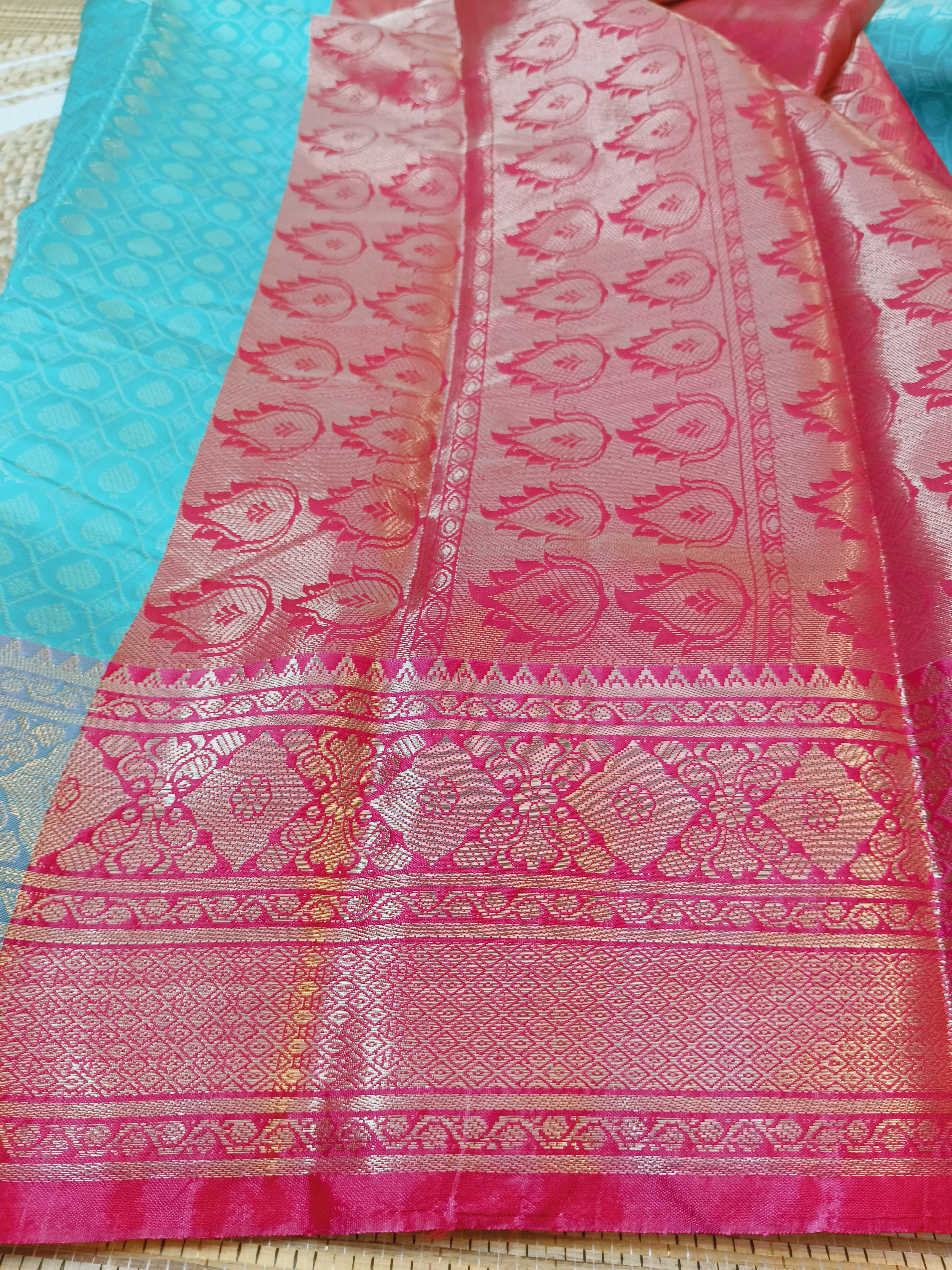 Aqua Blue Contrast Fancy Pattu Saree
