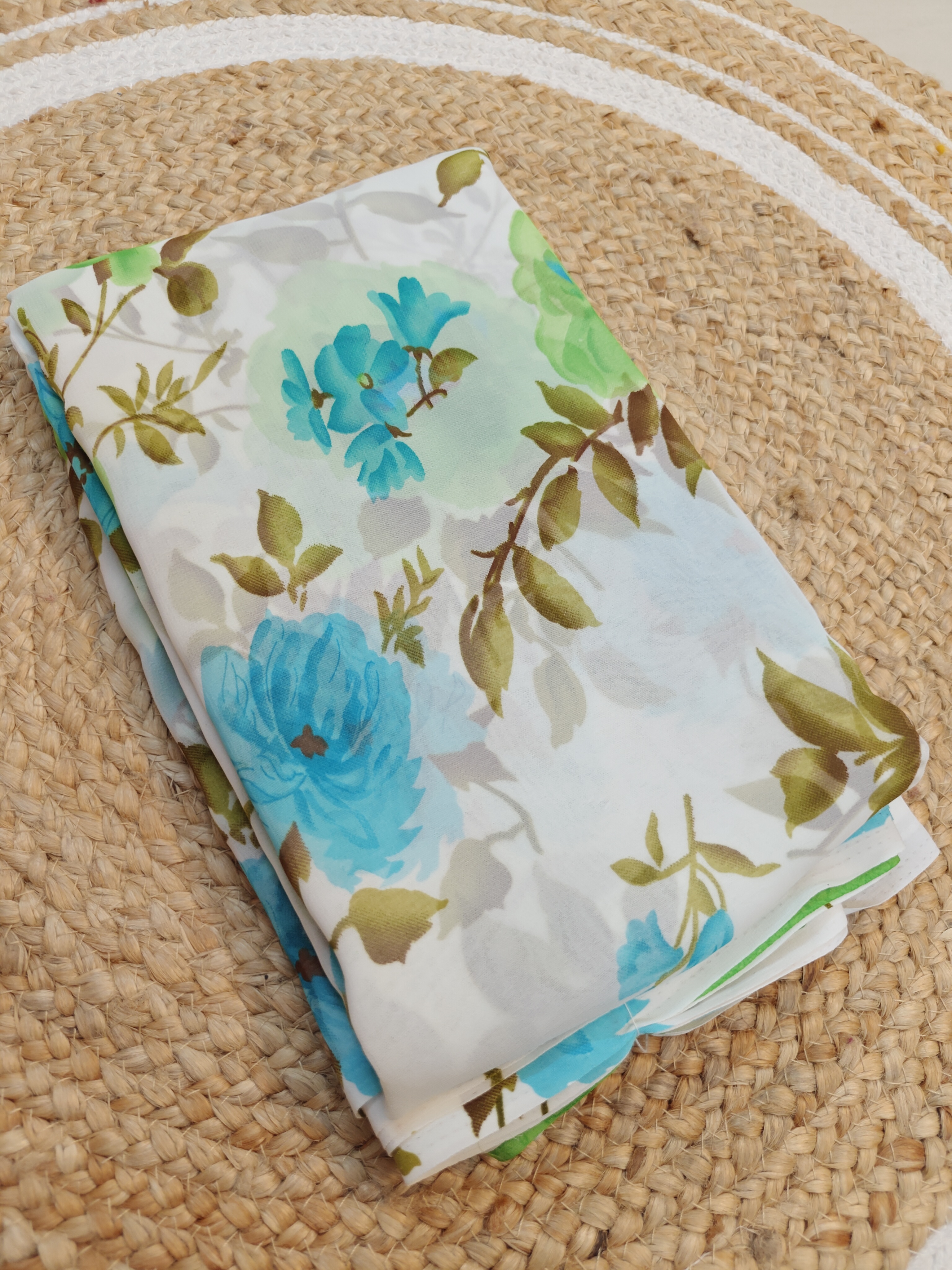 Aqua Blue Floral Print Junnumukka Saree