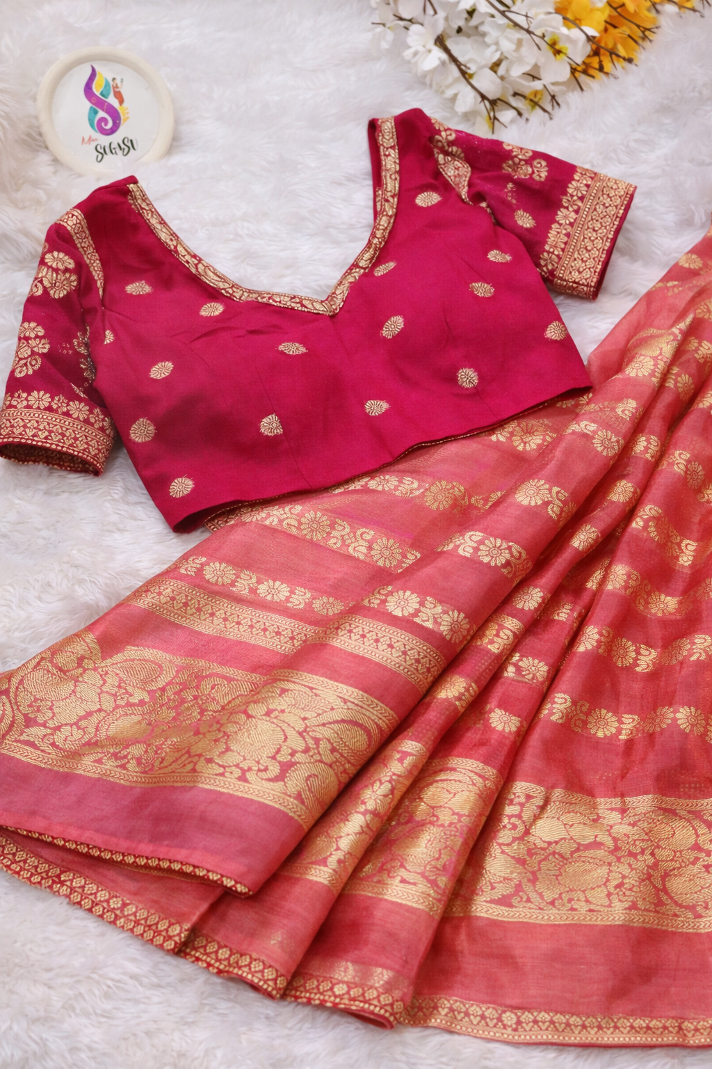 Chinon Silk Saree with Designer Blouse – Pink Gold