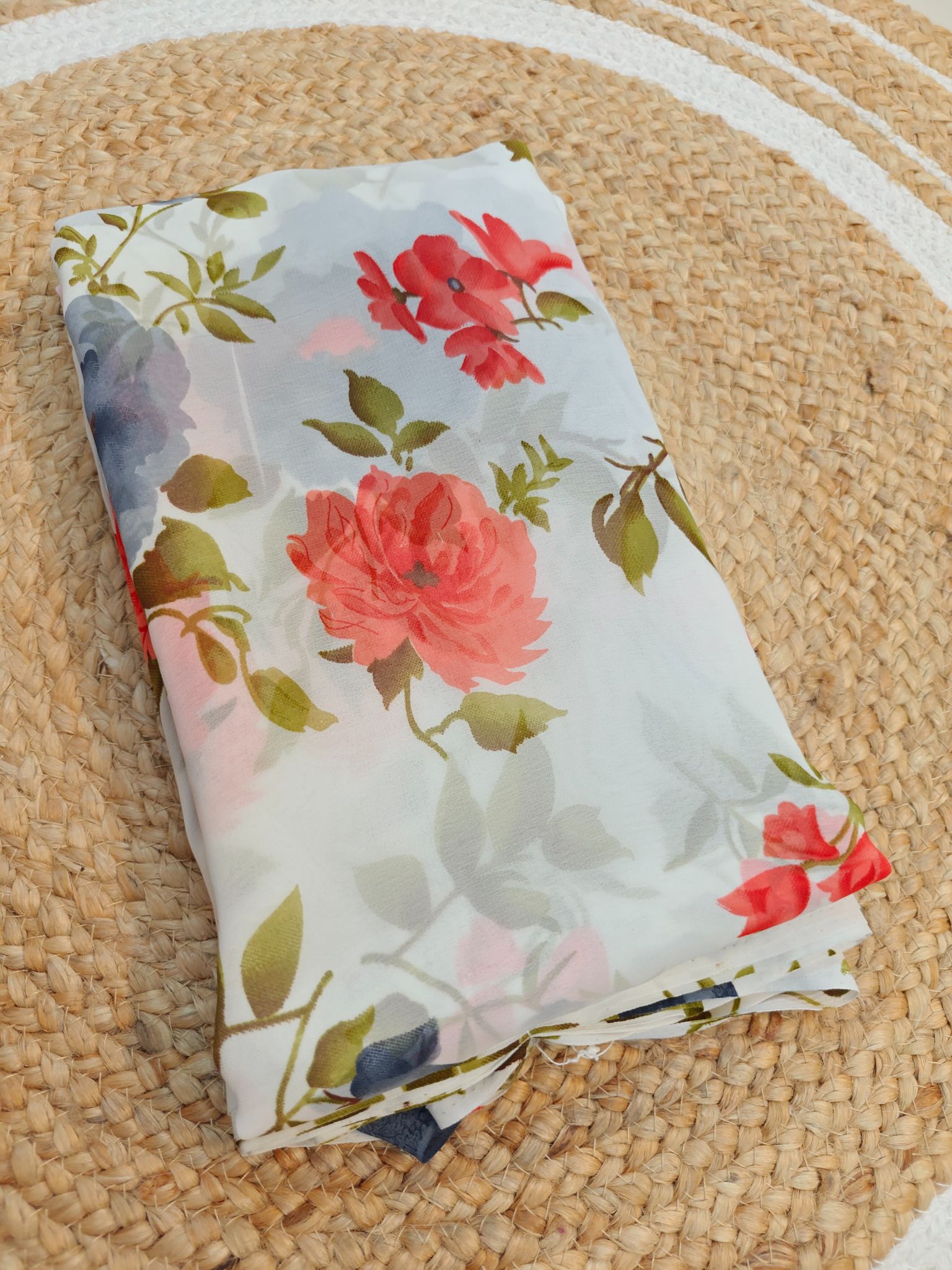 Elegant Coral Floral Print Junnumukka Saree
