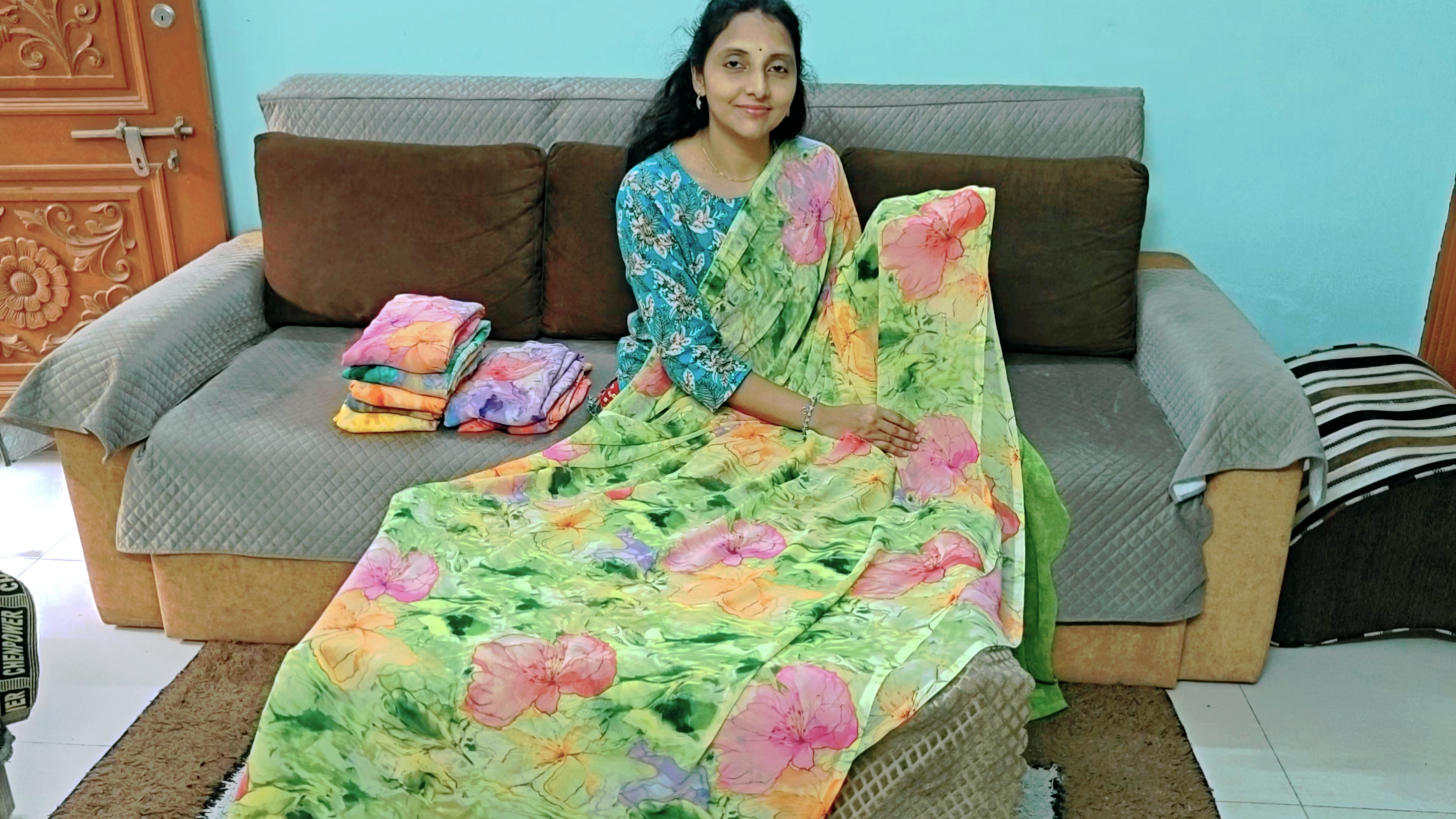 Green Blossom Junnu Mukka Pastel Saree