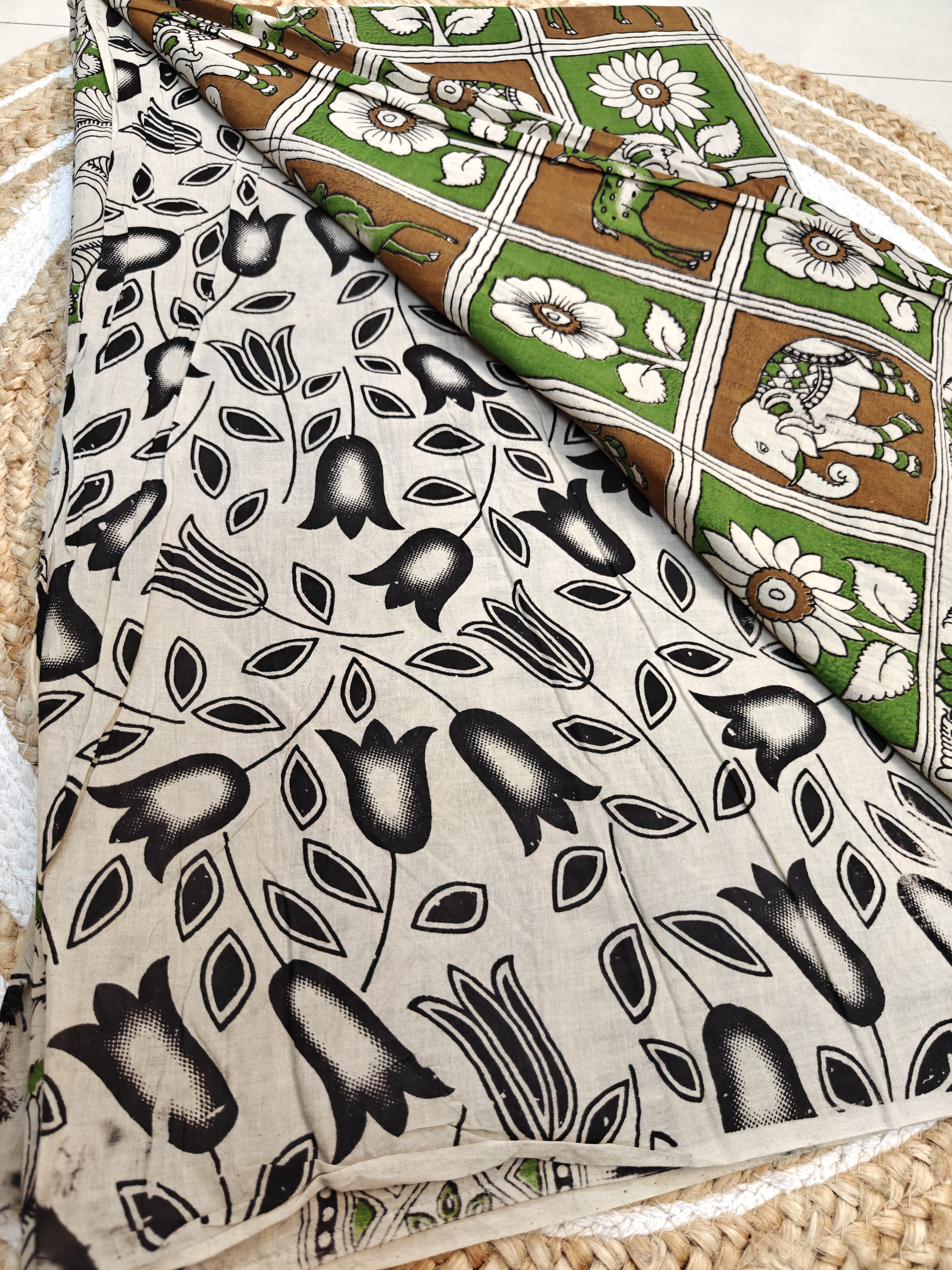 Green Elephant & Deer Motif kalamkari saree