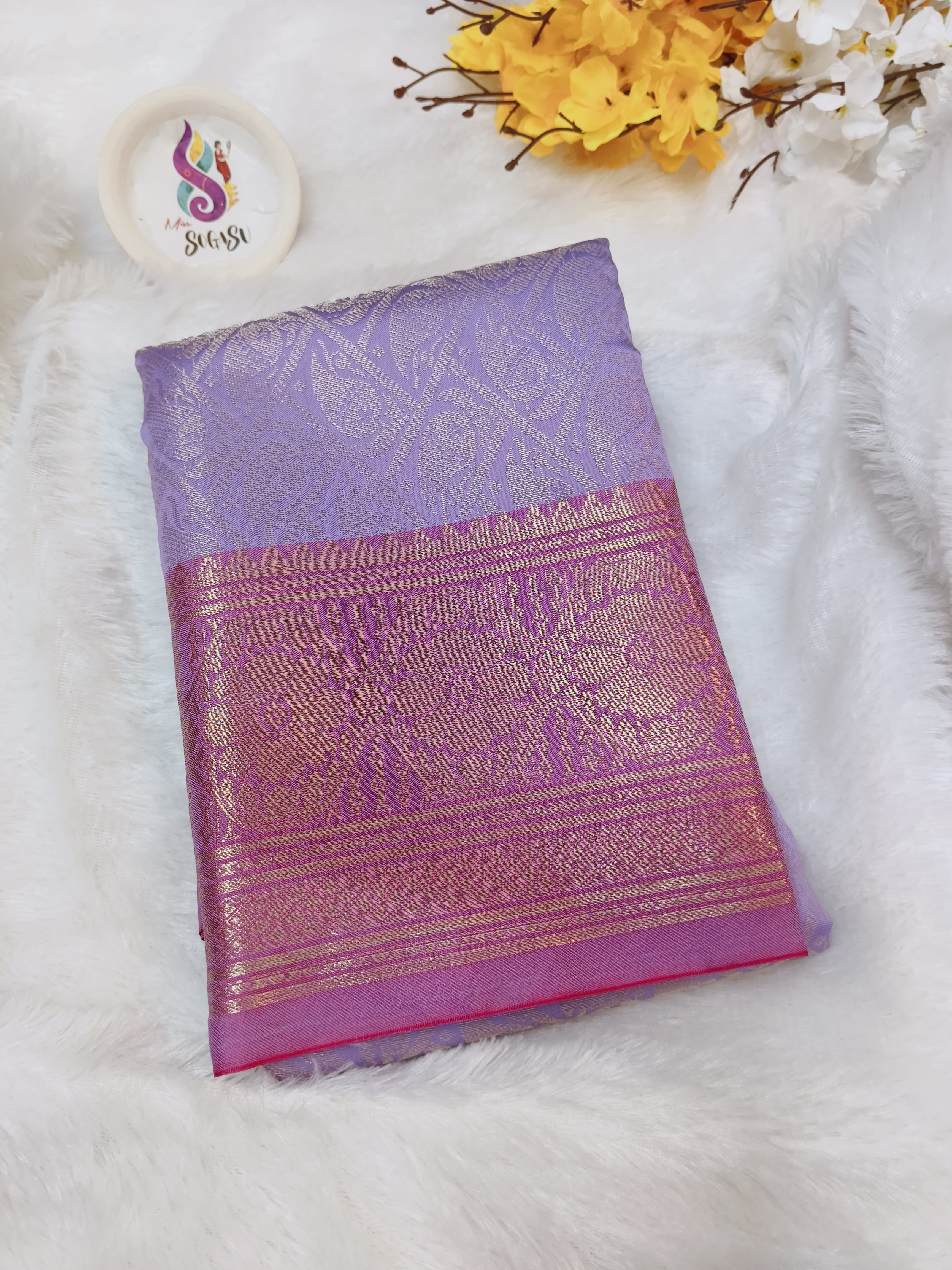 Lavender Pink Contrast Fancy Pattu Saree