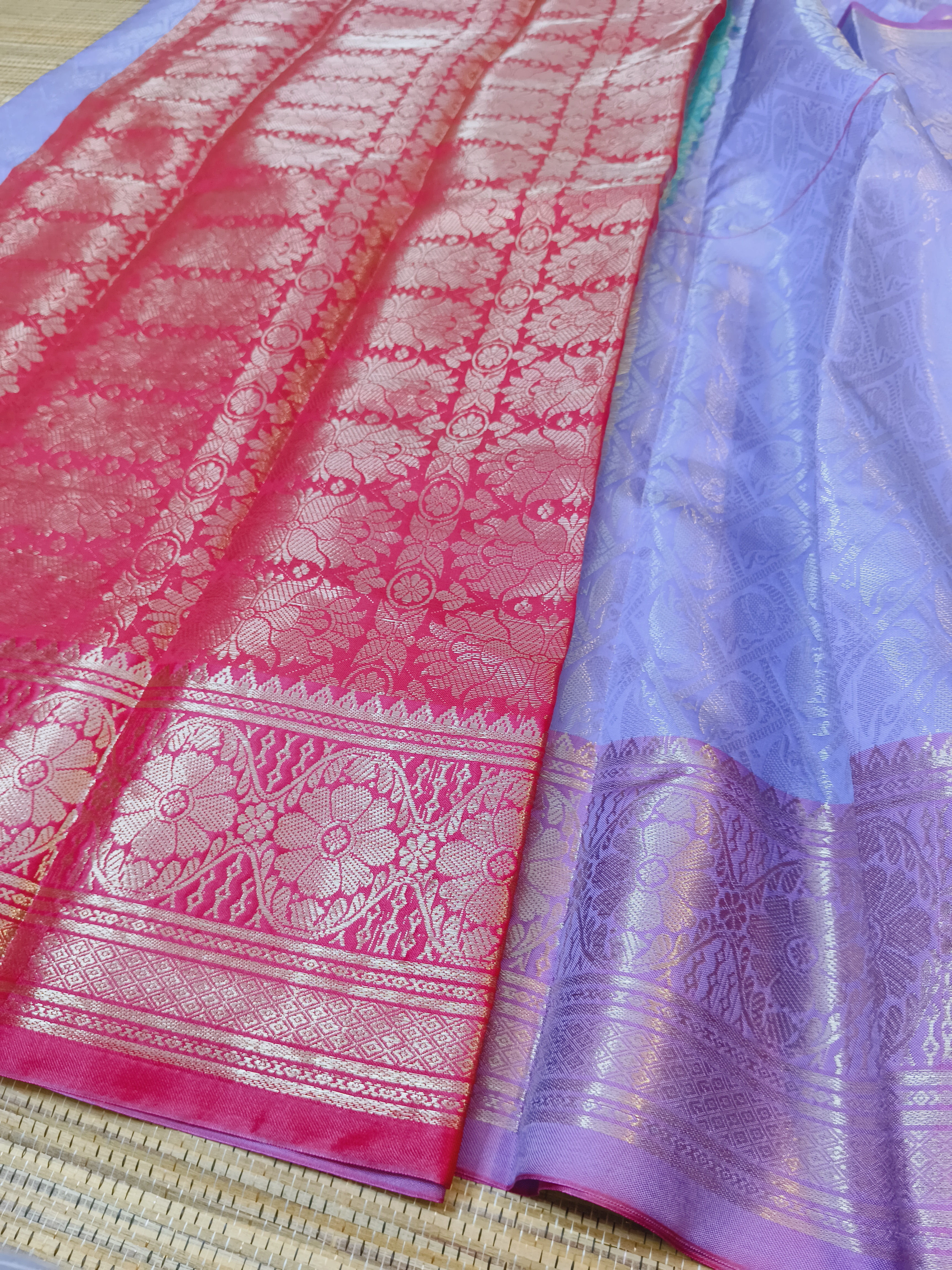 Lavender Pink Contrast Fancy Pattu Saree