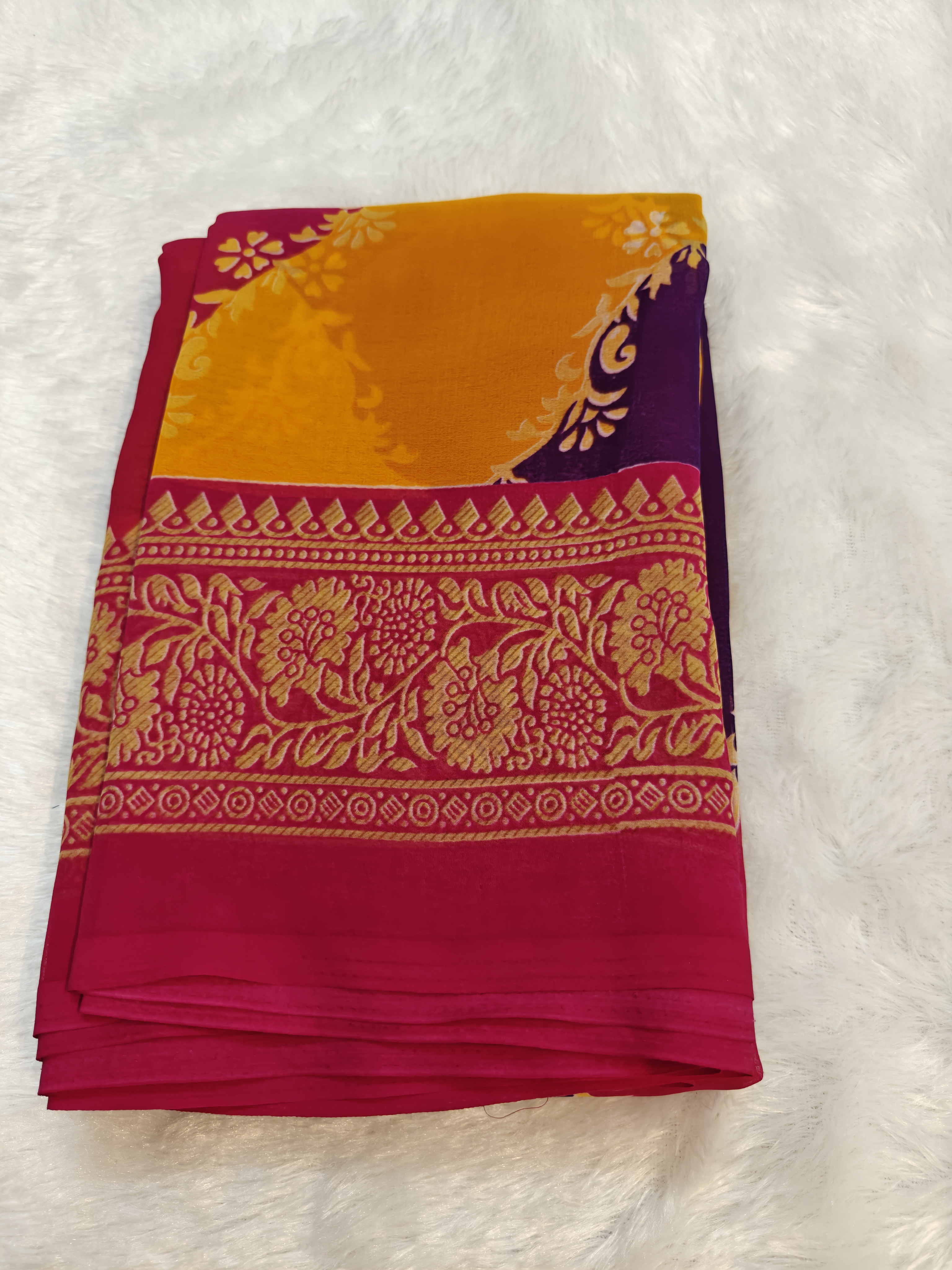 Magenta Pink, Mustard Yellow & Royal Purple Georgette Saree