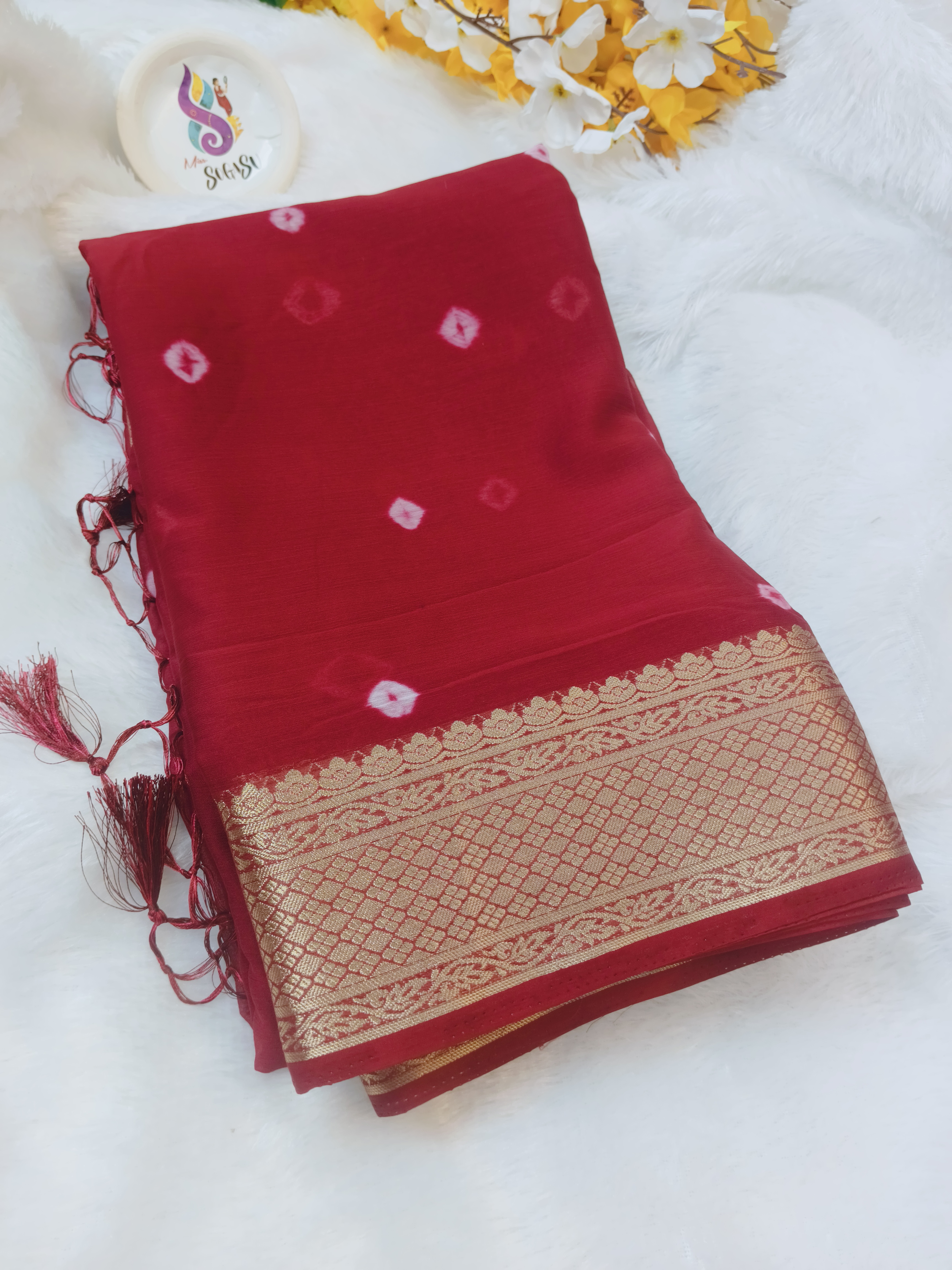 Maroon Bandhani Banaras Saree