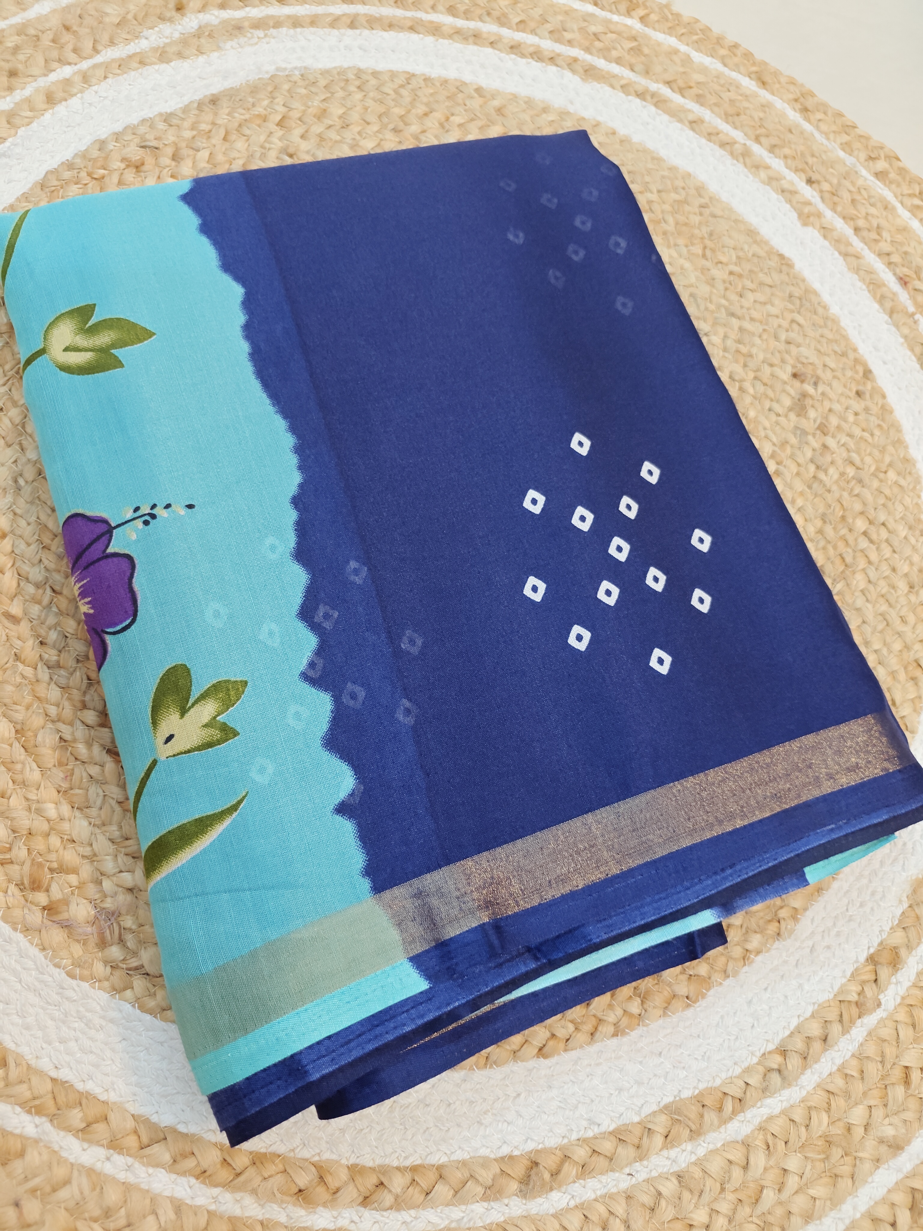 Navy Blue Maheshwari Silk Saree with Aqua Floral Digital Print