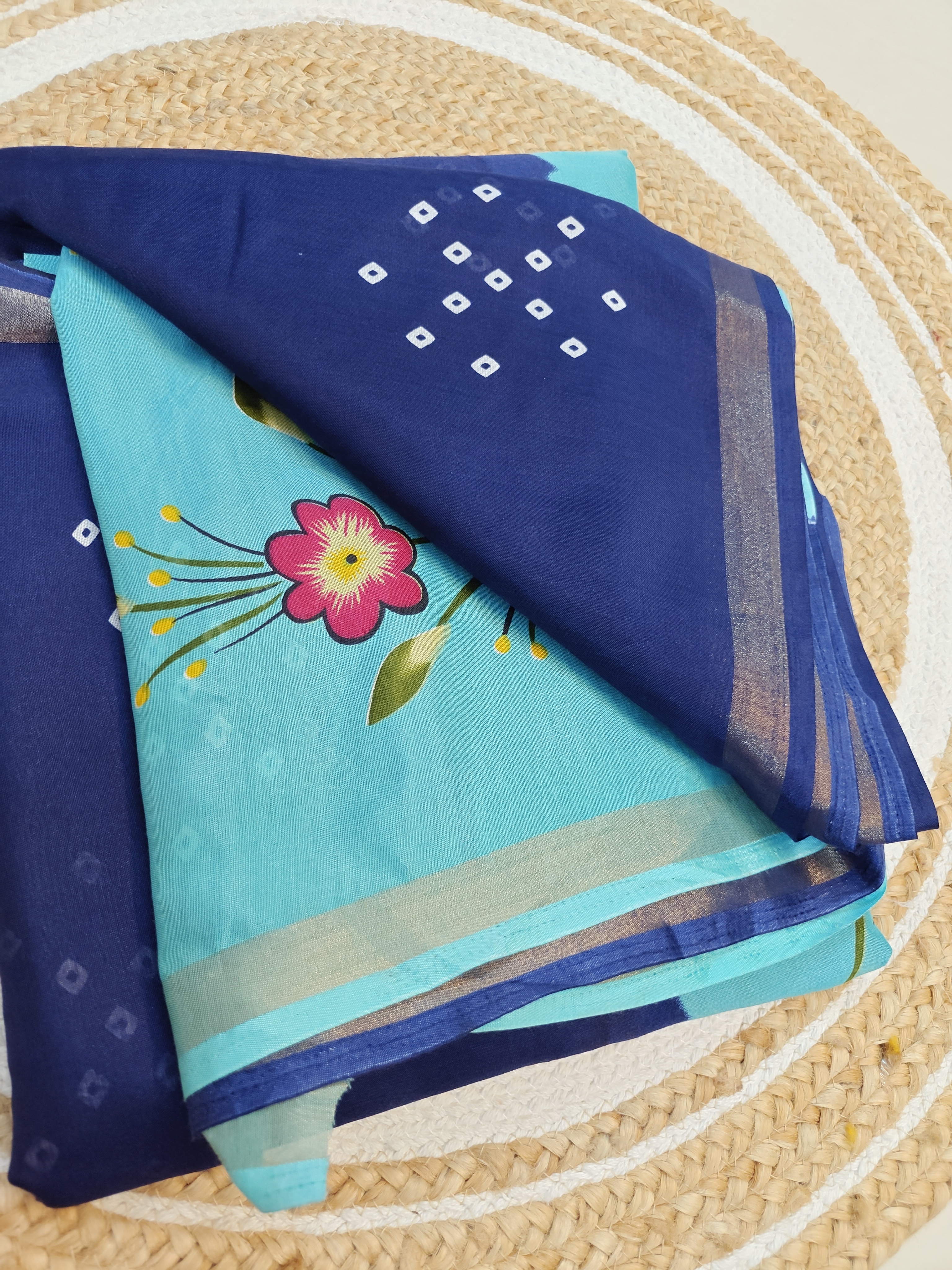 Navy Blue Maheshwari Silk Saree with Aqua Floral Digital Print