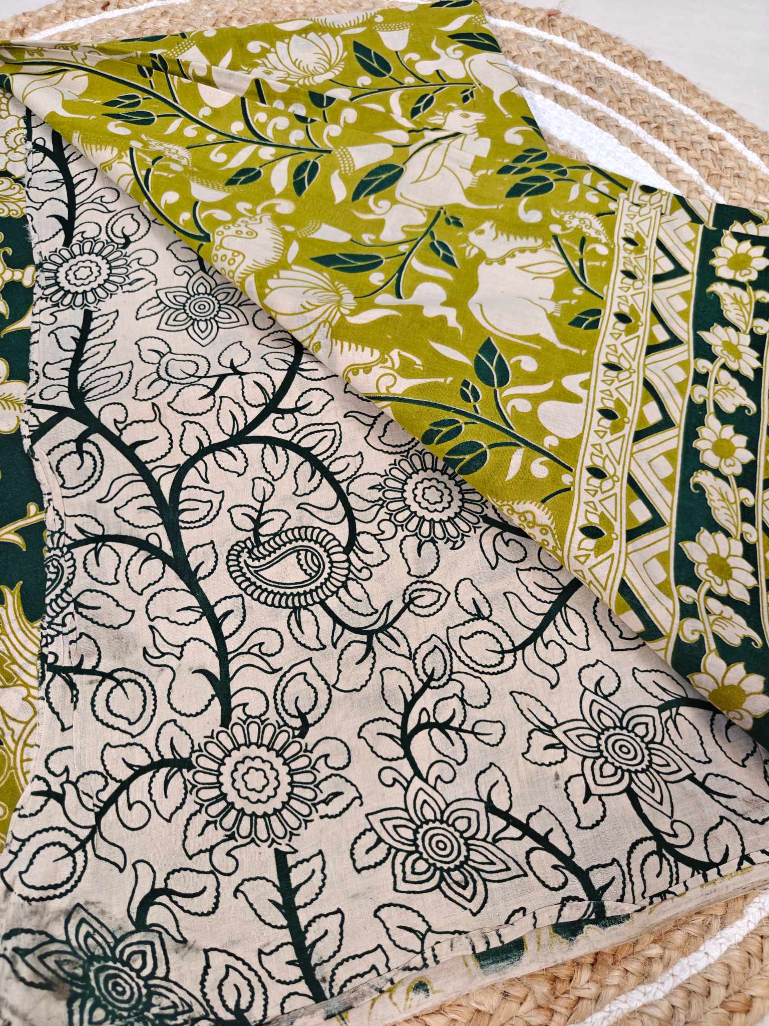 Olive Green Kalamkari Printed Saree with Traditional Floral Border
