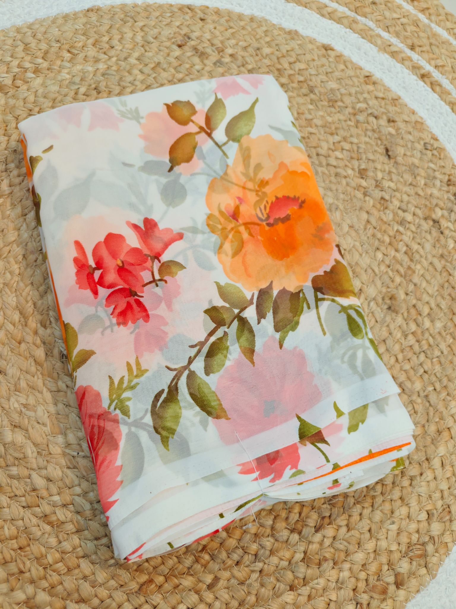 Peach & Orange Floral Print Junnumukka Saree