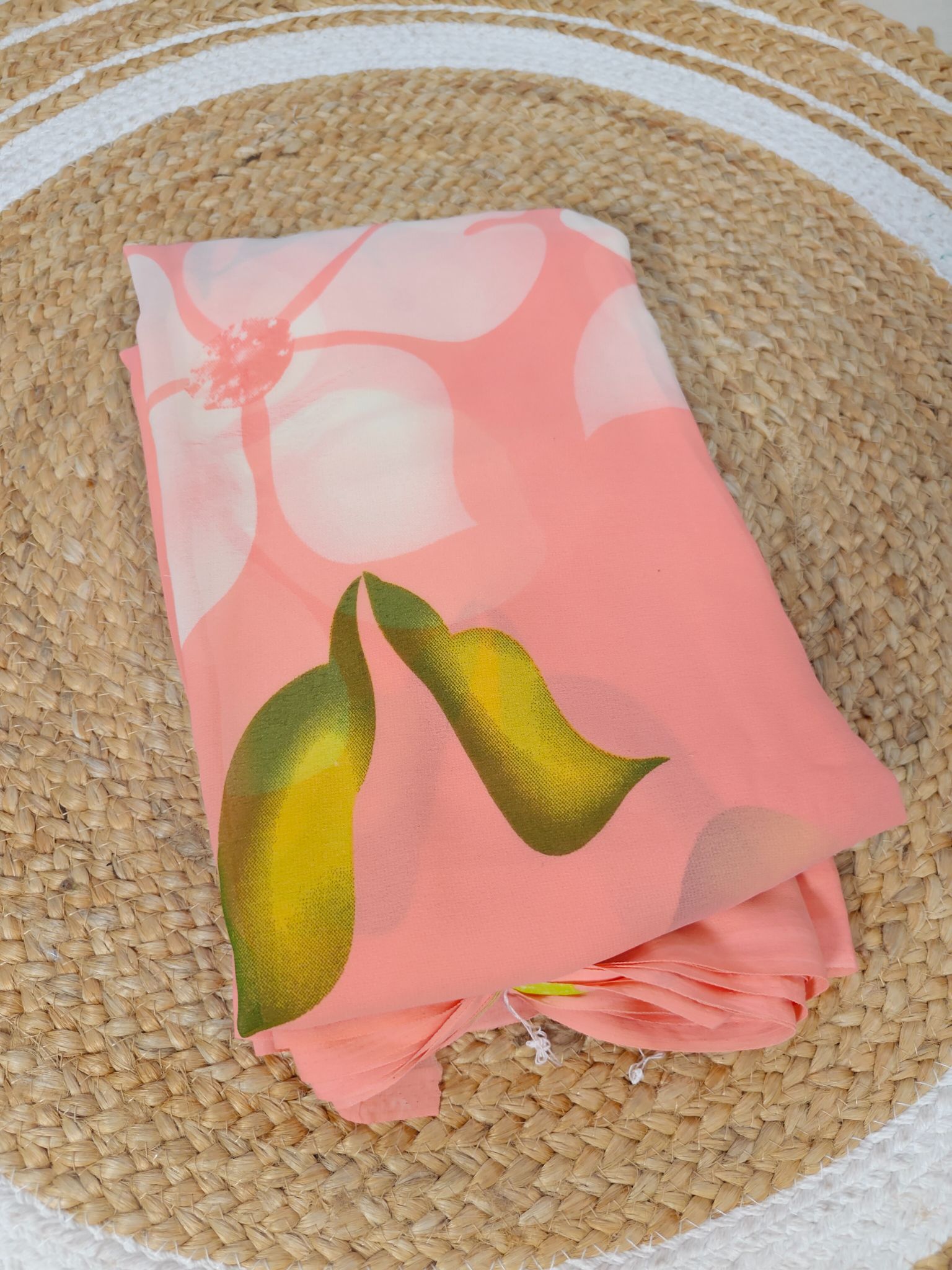 Peach Pink Junnumukka Saree with Green Leaf Prints