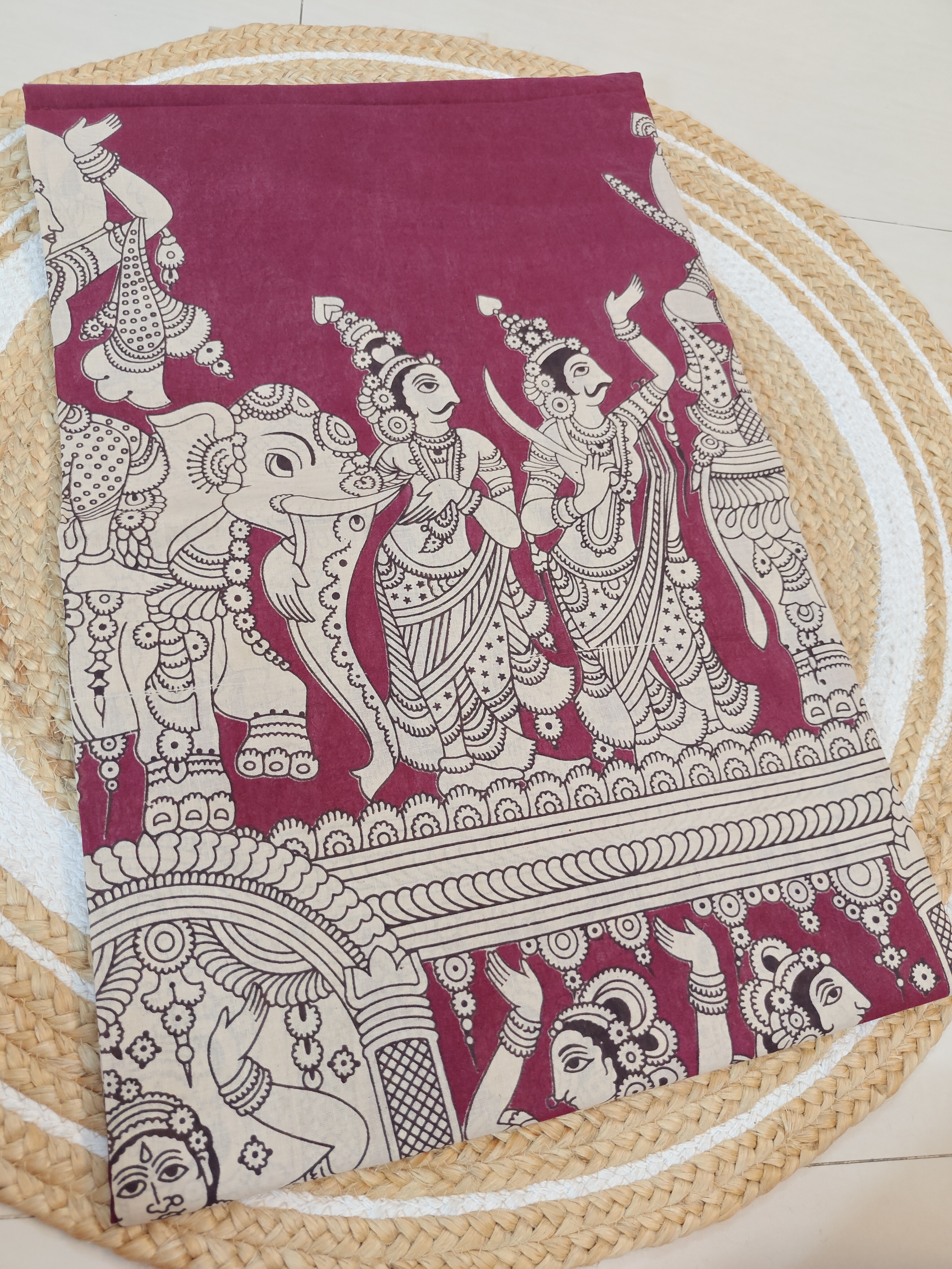 WeMaroon Mythological Kalamkari Saree with Temple Procession Art Print
