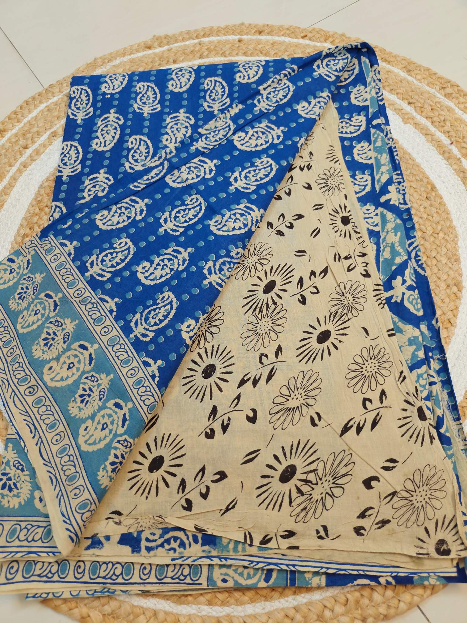 Royal Blue Kalamkari Printed Saree with Teal Blue Border