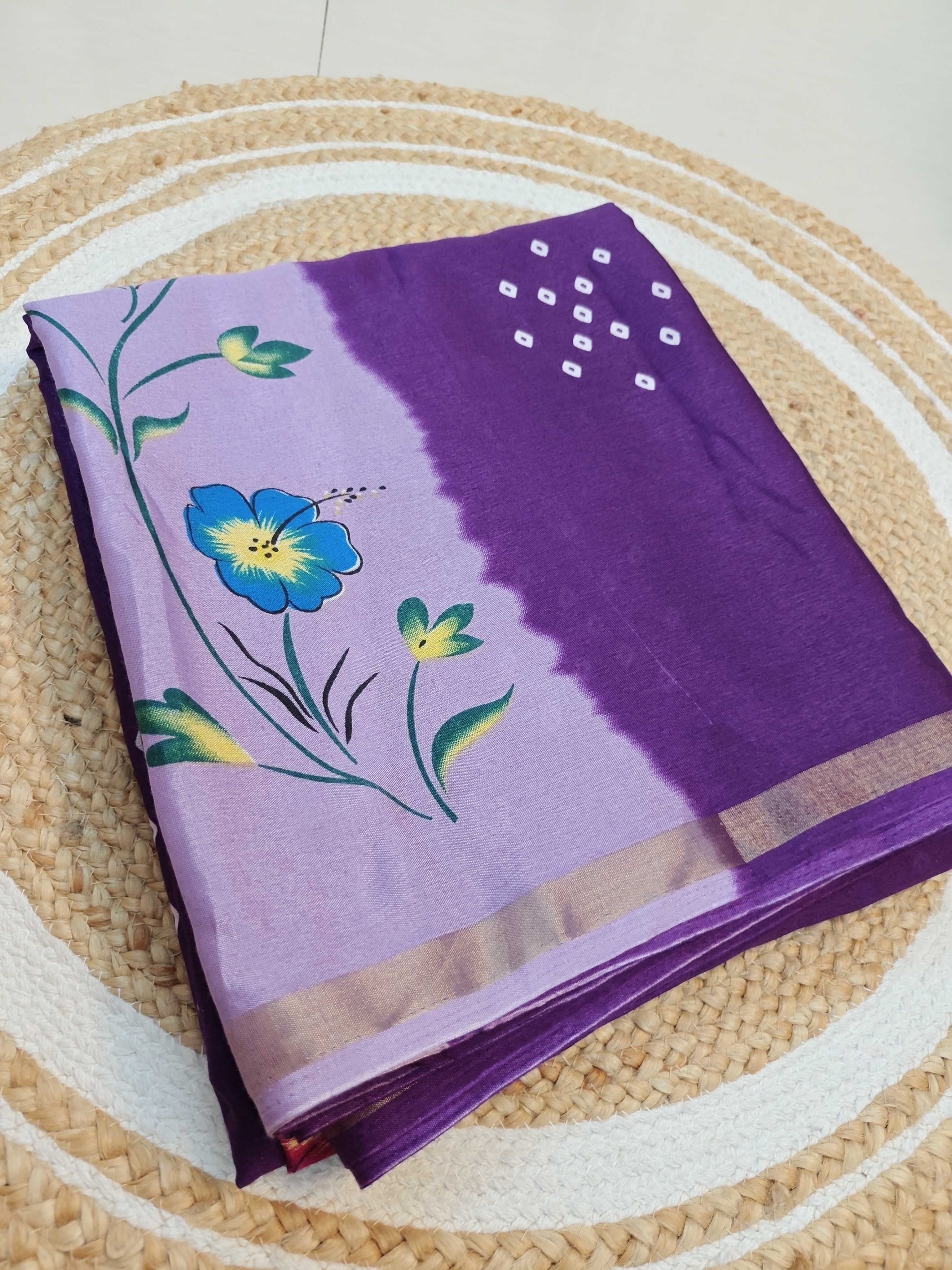 Royal Purple Maheshwari Silk Saree with Digital Floral Print