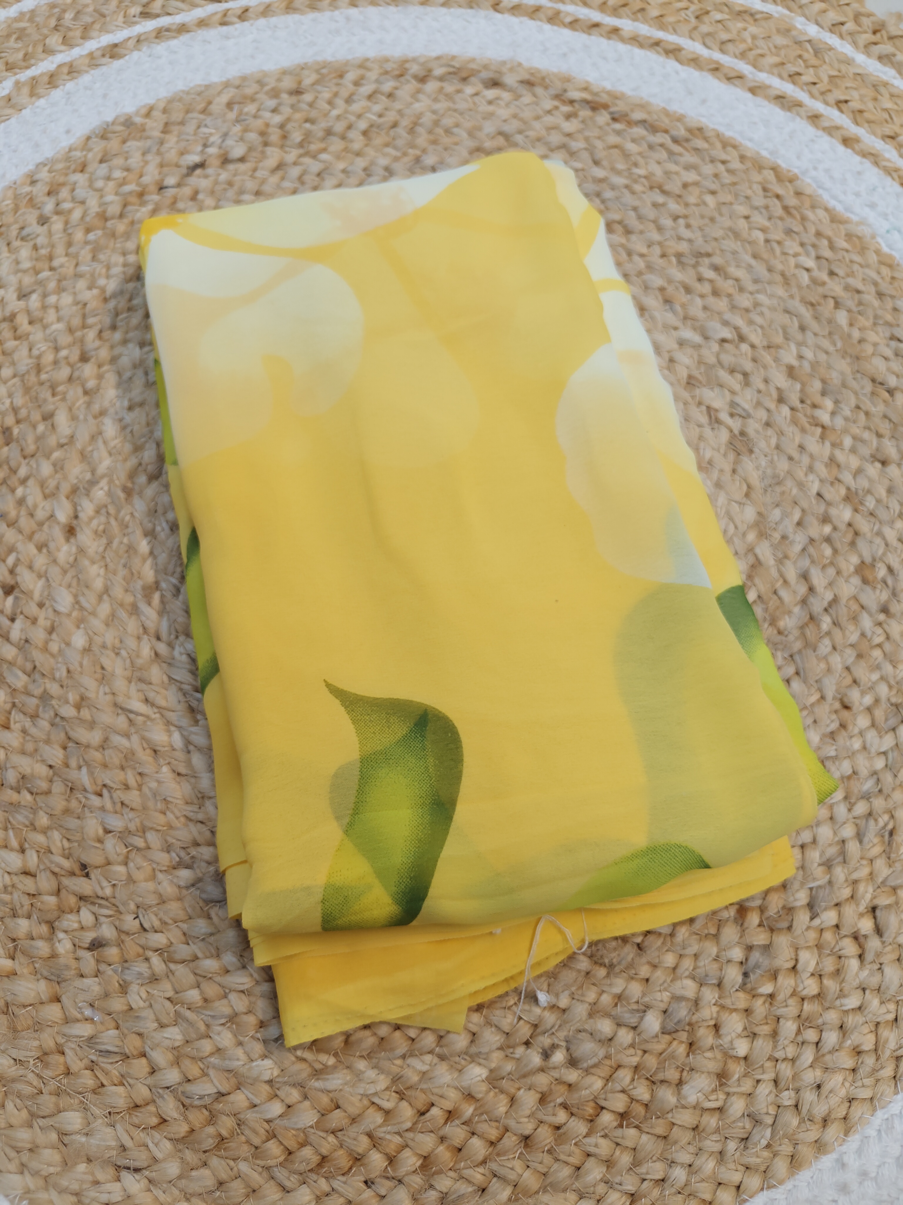 Sunshine Yellow Junnumukka Saree with Green Leaf Prints